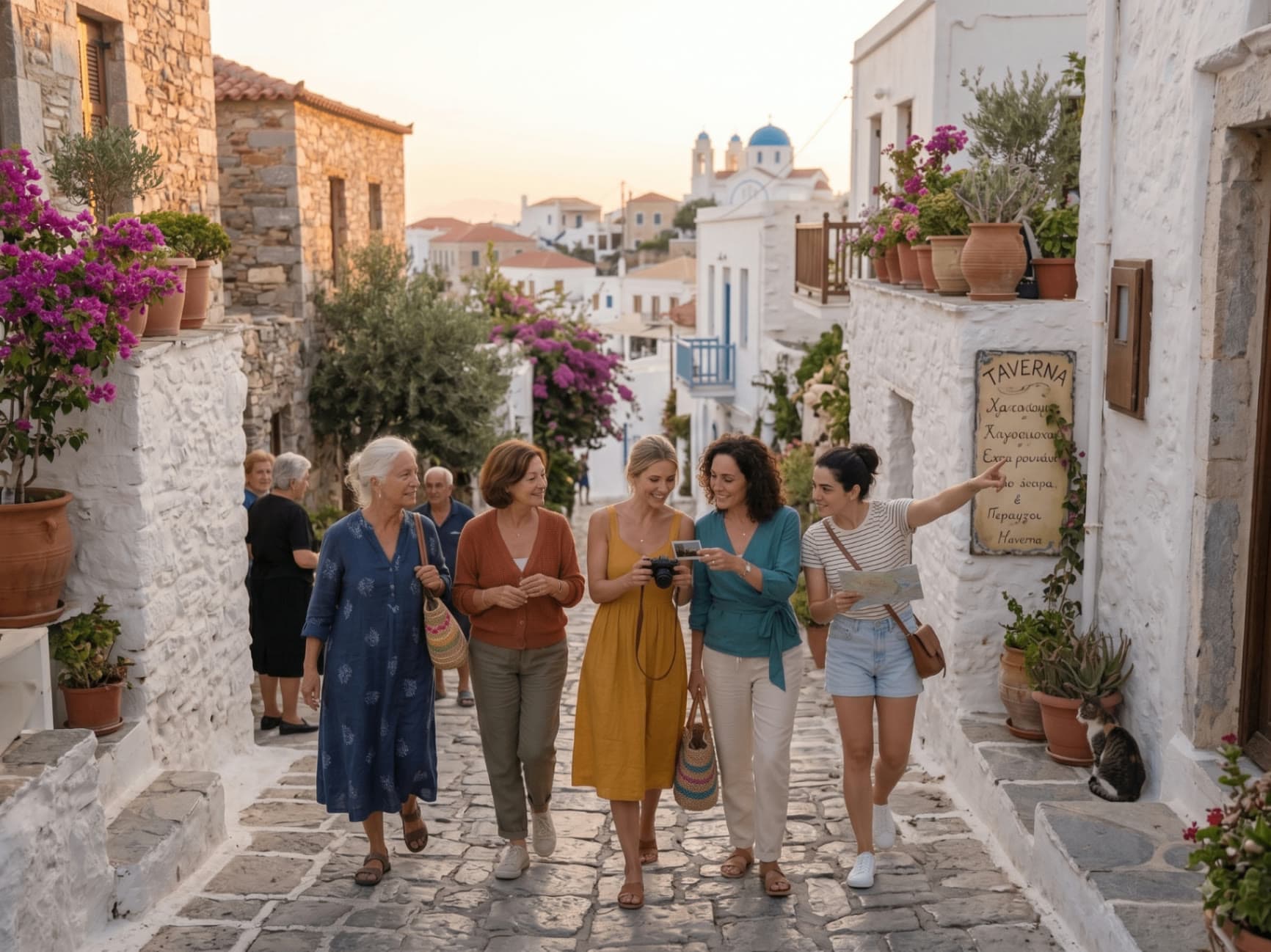 Frauengruppe unterwegs in einer Gasse von Ermoupoli