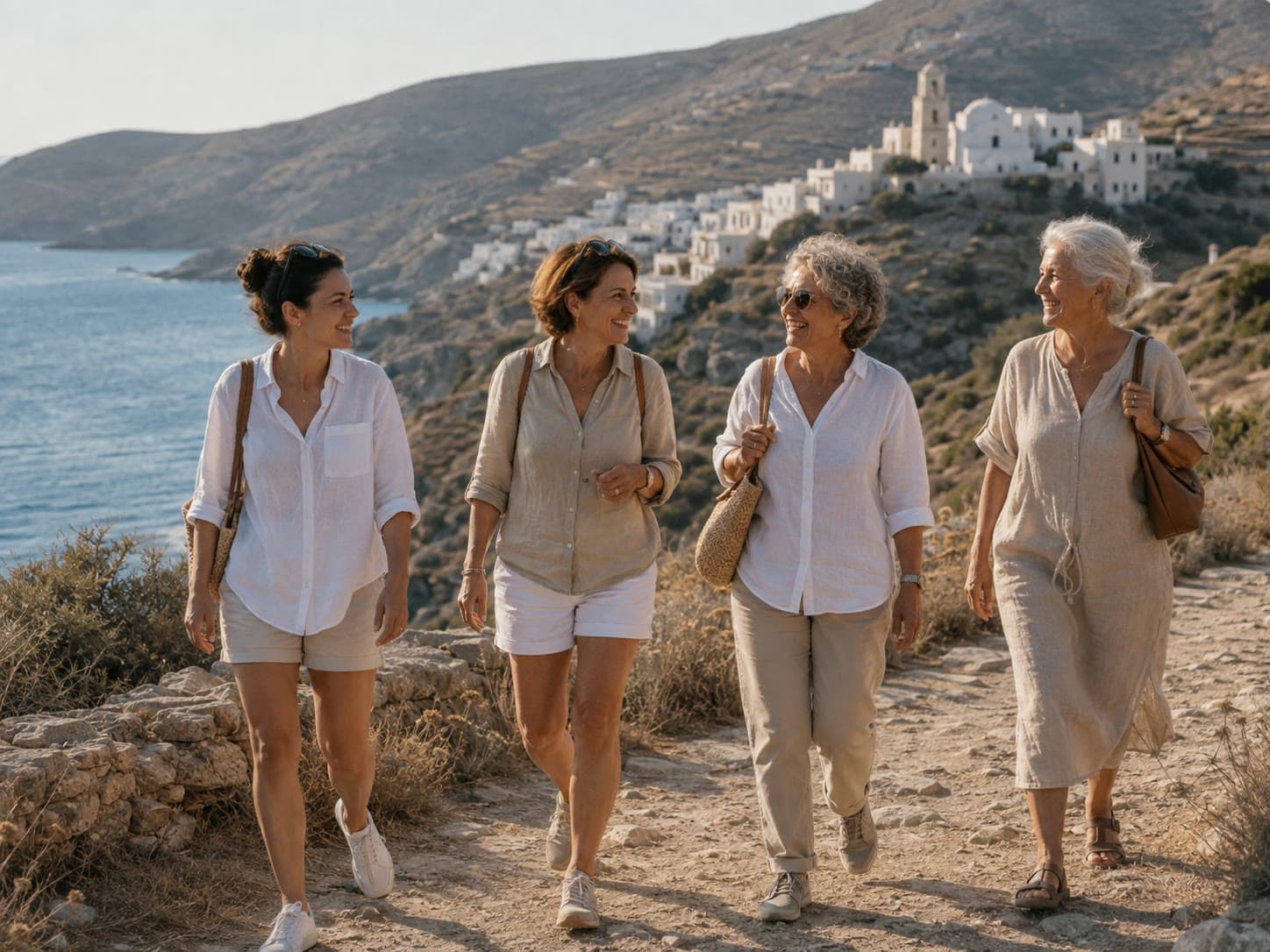 Frauen unterschiedlicher Generationen bei einem Spaziergang auf Syros